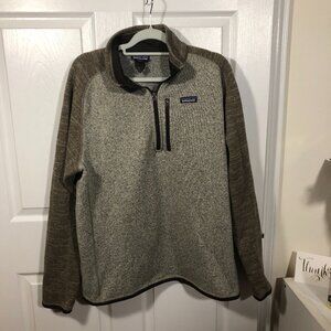 Patagonia men gray sweater with brown sleeves, 1/4 zip neck XL